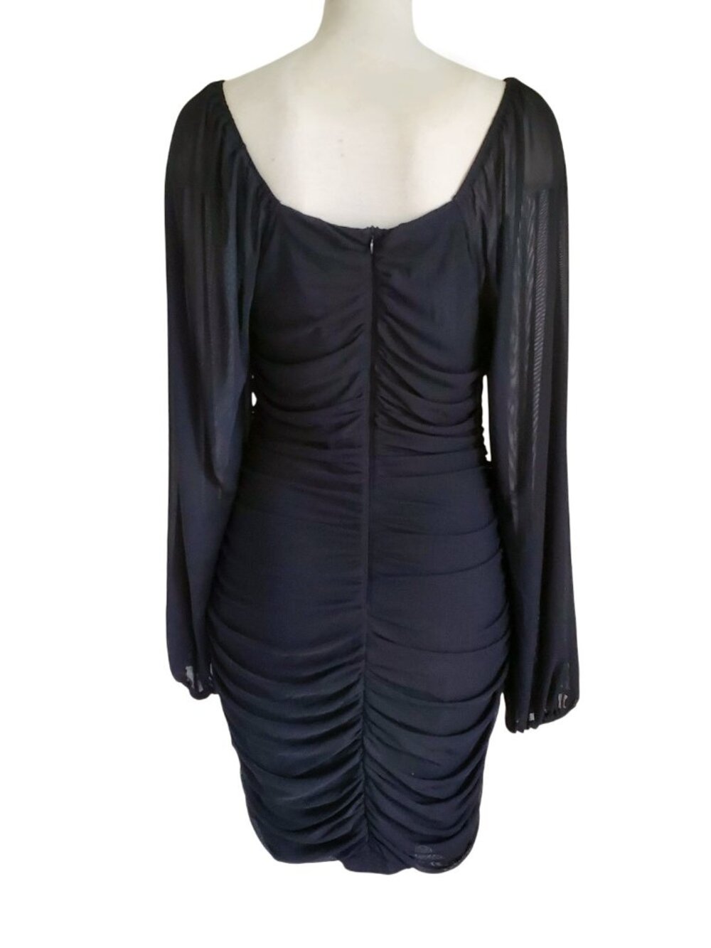 MEROKEETY Square Neck Lantern Long Sleeve Mesh Ruched Bodycon Clubwear Dress L - Picture 5 of 16